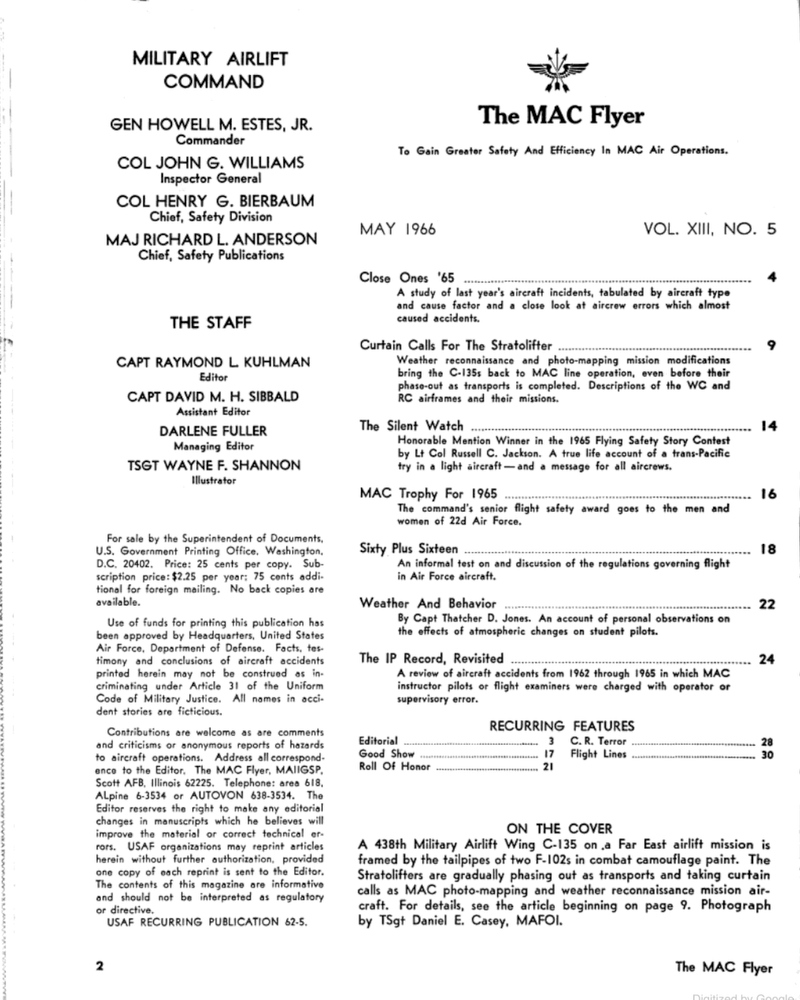 Table of Contents, The MAC FLYER, MILITARY AIRLIFT COMMAND May 1966