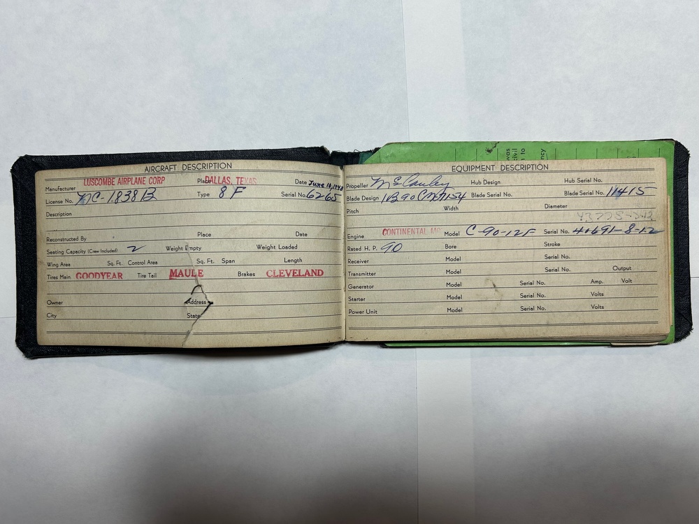 Luscombe 8F N1838B serial 6265 Original Log Book. Factory June 10, 1948 