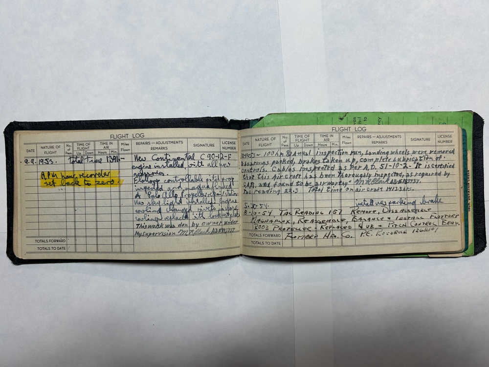 Engine installation notation in aircraft log book, September 9, 1953 