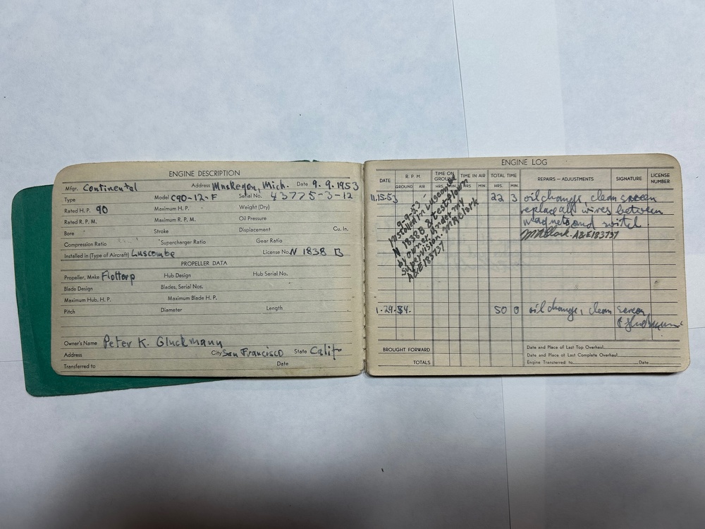 Luscombe 8F N1838B serial 6265 Engine Serial 43775-3-12 Log Book One Sept 9, 1953 first page Lists Peter Gluckmann as owner. 